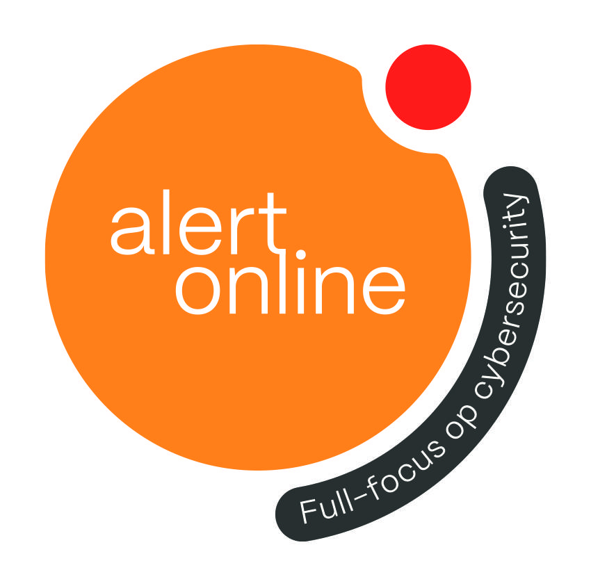 Illustratie van het logo van Alert Online. Oranje rondje, met titel en een pijl.